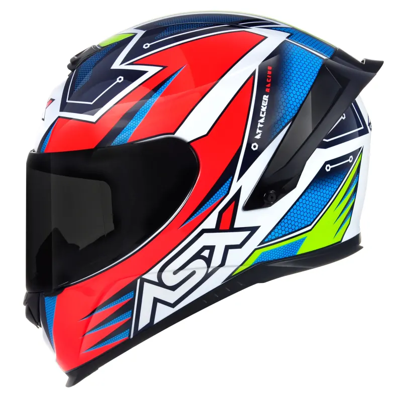 Capacete ASX Eagle Racing Attacker Branco Azul Vermelho Fechado - 