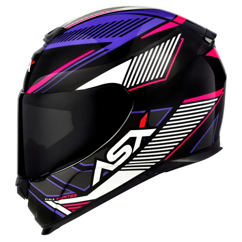 Capacete ASX Eagle Hunter Preto Branco Lilas Fechado - 