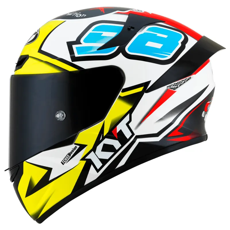Capacete KYT TT Course 98 Bomb Branco Azul Amarelo Fechado - Branco Azul Amarelo