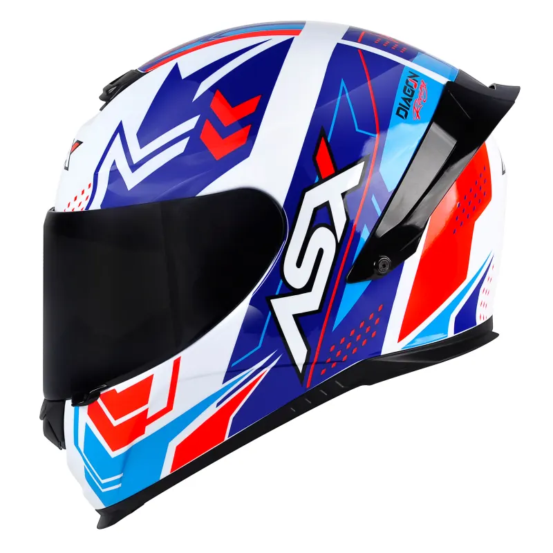 Capacete ASX Eagle Racing Diagon Branco Azul Vermelho Fechado - 