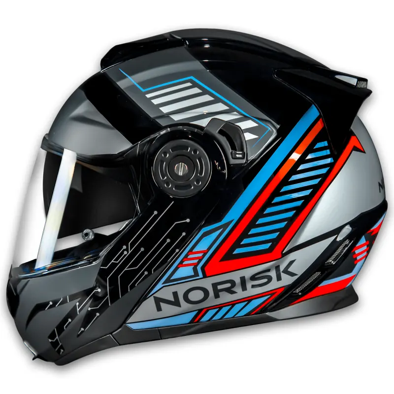 Capacete Norisk FF345 Route Charge Preto Titanium Azul Articulado/Robocop - Preto Titanium Azul