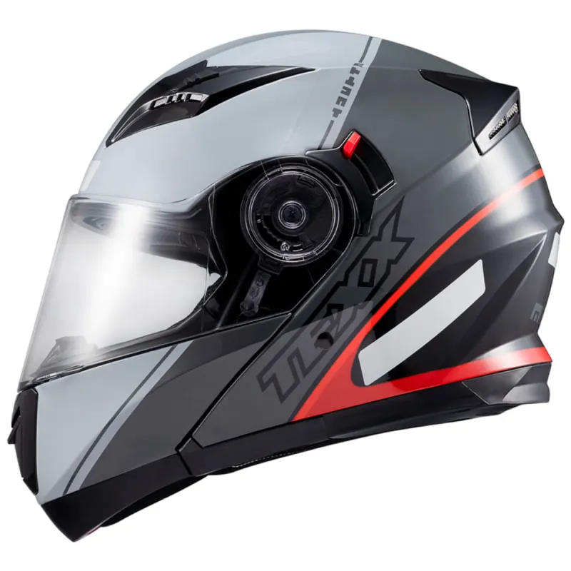 Capacete Texx Gladiator V3 Makan Cinza Vermelho Articulado/Robocop - Cinza Vermelho