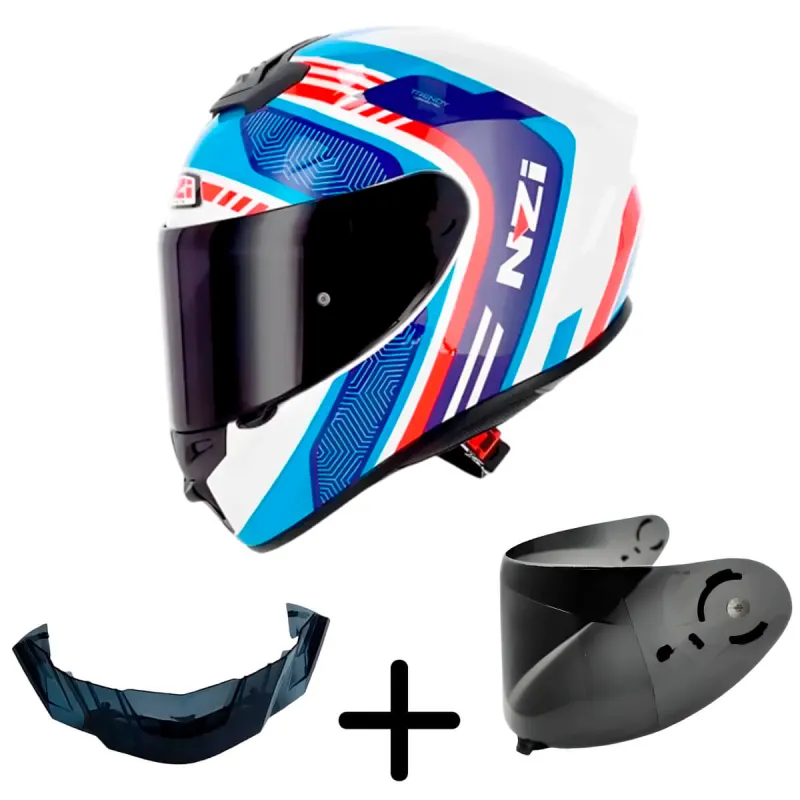 Capacete NZI Trendy 3 Stream Connected Branco Vermelho Azul Fechado - Branco Vermelho Azul