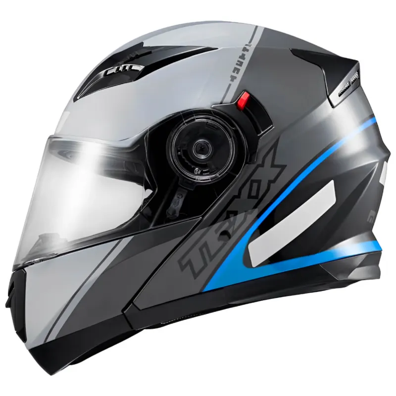 Capacete Texx Gladiator V3 Makan Cinza Azul Articulado/Robocop - Cinza Azul