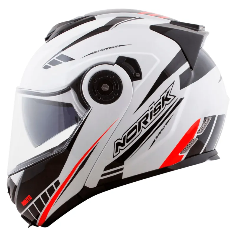 Capacete Norisk Route FF345 Motion Branco Preto Vermelho Articulado/Robocop - Branco Preto Vermelho