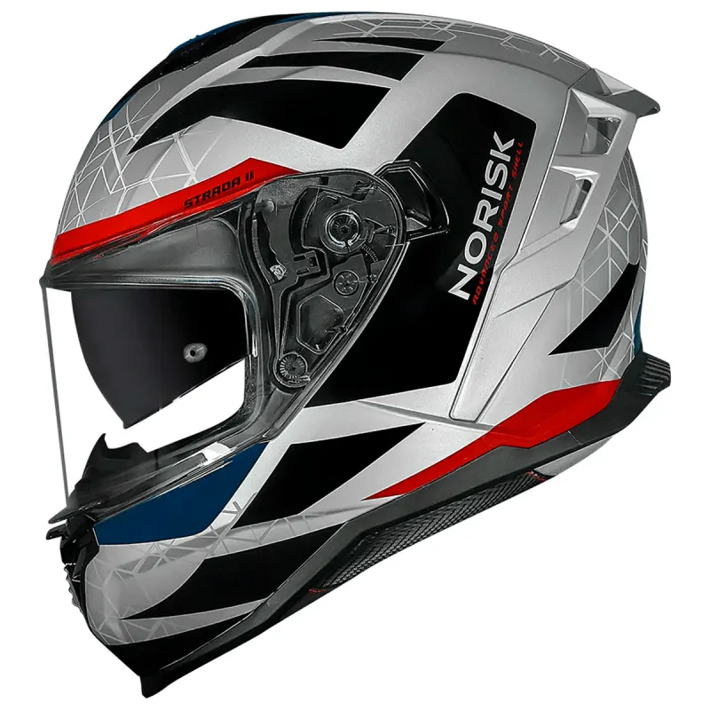 Capacete Norisk Strada 2 Evoque Prata Vermelho Azul Fechado - Prata Vermelho Azul